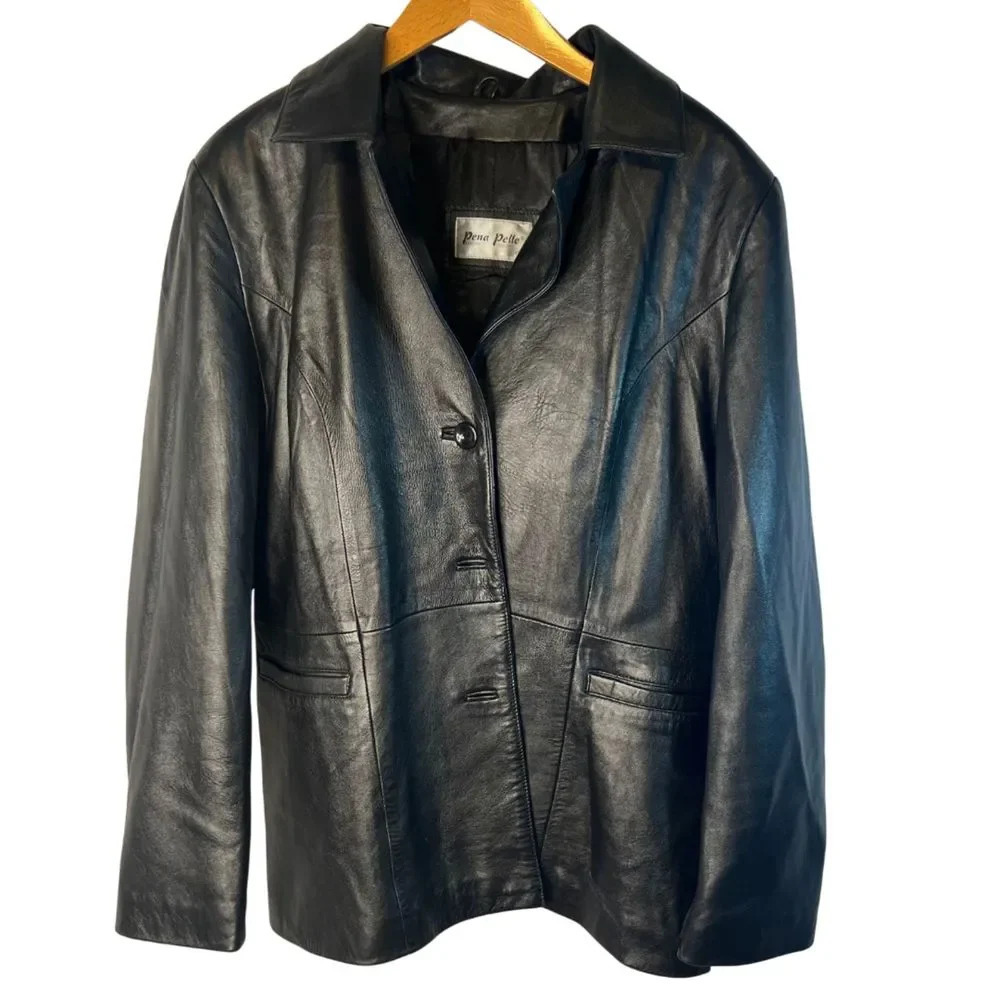 Pena‎ Pelle Black Leather Fashion Coat Womens Size Large